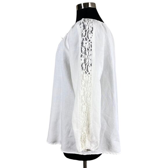 Valerie Stevens White Linen Blend 3/4 Sleeve Top Lace Insets LG Cottage Prairie - Picture 2 of 7